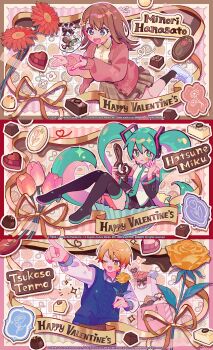 Rule 34 | 1boy, 2girls, absurdres, aqua eyes, aqua hair, aqua nails, aqua necktie, bare shoulders, black sleeves, black socks, blonde hair, blue eyes, blue hair, blue sweater, blush, breasts, brown hair, brown pants, brown skirt, candy, cardigan, character name, chocolate, chocolate heart, closed mouth, collared shirt, commentary, detached sleeves, english commentary, flower, food, grey shirt, hair between eyes, hanasato minori, happy valentine, hatsune miku, headphones, headset, heart, heart-shaped food, highres, holding, holding flower, long hair, long sleeves, looking at viewer, medium hair, multiple girls, necktie, number tattoo, official art, one eye closed, open cardigan, open clothes, open mouth, orange hair, pants, pink cardigan, project sekai, shirt, shoes, short hair, shorts, skirt, sleeveless, sleeveless shirt, smile, socks, sweat, sweater, tattoo, tenma tsukasa, thighhighs, twintails, very long hair, vocaloid, white shirt, white shorts, yellow eyes, yellow shirt, yooki (winter cakes)