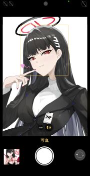 1girl absurdres black_hair blue_archive breasts camera finger_to_mouth formal_clothes halo highres icetabetaaii large_breasts long_hair looking_at_viewer millennium_science_school_logo nail_polish red_eyes rio_(blue_archive) smile solo solo_focus suit sweater white_sweater