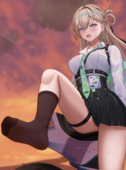 1girl absurdres blonde_hair blue_eyes blush denokoto feet highres long_hair lynae_(wuthering_waves) open_mouth panties pantyshot see-through_clothes see-through_legwear socks soles toes underwear upskirt wuthering_waves