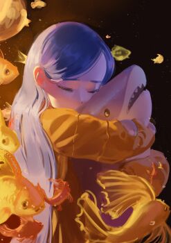 1girl absurdres black_background black_eyes blue_hair closed_eyes coat commentary english_commentary fish guantanima_ii_(shadches72) heads_together highres hug long_hair long_sleeves monasterio_(shadches72) original shadches72 shark sharp_teeth sidelighting teeth upper_body very_long_hair yellow_coat