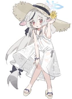 1girl alternate_costume animal_ears bikini bikini_under_clothes blue_archive blush bracelet brown_eyes commentary dress dress_tug flower grey_hair halo hand_on_headwear hat hat_flower jewelry knees_together_feet_apart kokona_(blue_archive) long_hair looking_at_viewer low-tied_long_hair nemo_(leafnight) platform_sandals sandals see-through_silhouette simple_background sleeveless sleeveless_dress solo spaghetti_strap standing strap_slip straw_hat sun_hat sundress swimsuit untranslatable_commentary very_long_hair white_dress wind wind_lift