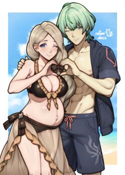1boy 1girl ;) absurdres artist_name bare_arms bare_shoulders beach bikini black_bikini blue_eyes blue_jacket blue_sky blue_swim_trunks border breasts cleavage cloud collarbone commentary commission couple cowboy_shot crest_of_flames english_commentary fire_emblem fire_emblem:_three_houses fire_emblem_heroes frills front-tie_bikini_top front-tie_top green_eyes green_hair hair_between_eyes hair_over_shoulder hand_on_another's_shoulder heart heart_hands heart_hands_duo hetero highres jacket ko-fi_commission large_breasts light_blush linea_nigra looking_at_viewer low_side_ponytail male_byleth_(awakened)_(fire_emblem) male_byleth_(fire_emblem) male_swimwear mercedes_von_martritz mercedes_von_martritz_(summer) muscular muscular_male navel nintendo ocean official_alternate_costume official_alternate_eye_color official_alternate_hair_color one_eye_closed open_clothes open_jacket outdoors outie_navel parted_hair pregnant rotomdocs sarong see-through_clothes see-through_sarong short-sleeved_jacket short_sleeves side_ponytail signature sky smile standing stomach swim_trunks swimsuit thighs white_border