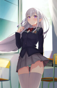 1girl absurdres blazer blue_jacket blush classroom closed_mouth echiru39 emilia_(re:zero) green_panties grey_skirt hair_ornament highres jacket long_hair open_window panties pantyshot pleated_skirt purple_eyes re:zero_kara_hajimeru_isekai_seikatsu ribbon school_uniform silver_hair skirt solo thighhighs underwear window zettai_ryouiki