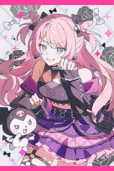 2girls absurdres bang_dream! bang_dream!_it&#039;s_mygo!!!!! bare_shoulders black_ribbon blue_eyes chihaya_anon chinese_commentary commentary_request earrings grin hair_horns hair_ribbon heart heart_earrings highres jewelry kuromi letterboxed long_hair looking_at_viewer midriff multiple_girls pink_hair purple_skirt ribbon sakuraihum sanrio skirt smile