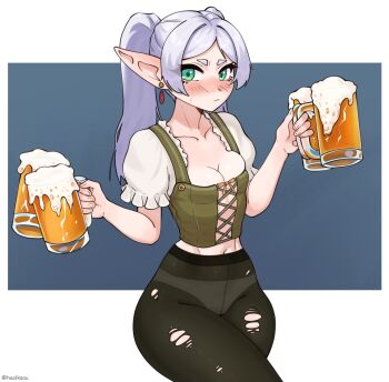 1girl alcohol beer beer_mug black_pantyhose breasts cup elf frieren green_eyes grey_hair haolksou highres holding holding_cup long_hair mug navel panties panties_under_pantyhose pantyhose pointy_ears small_breasts sousou_no_frieren torn_clothes torn_pantyhose twintails underwear