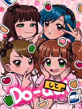 4girls amami_haruka apron bell_pepper black_bow black_hairband blue_hair bow brown_eyes brown_hair checkered_clothes checkered_dress cheek_poking closed_mouth do-dai_(idolmaster) dress food fruit futami_ami green_bell_pepper green_eyes hair_bow hairband hands_on_own_cheeks hands_on_own_face idolmaster idolmaster_(classic) kisaragi_chihaya long_hair looking_at_viewer milk_carton multiple_girls multiple_hair_bows okazuhamburg onion open_mouth orange_(fruit) orange_slice poking puffy_short_sleeves puffy_sleeves short_hair short_sleeves side_ponytail smile sticker strawberry takatsuki_yayoi twintails v waist_apron