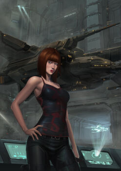 1girl bare_arms bare_shoulders battleship_(eve_online) belt black_belt black_pants black_tank_top blue_eyes blunt_bangs breasts brown_hair building caldari_state_(eve_online) combat_ship_(eve_online) commentary computer cowboy_shot duan_henglong eve_online floating floating_object glowing golem_(eve_online) hand_on_own_hip hangar highres hologram indoors large_breasts lips looking_at_viewer marauder_(eve_online) medium_hair megastructure military_vehicle nose pants raven_(eve_online) realistic red_lips science_fiction screen solo spacecraft tank_top thigh_belt thigh_strap