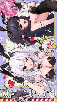 1girl animal_ear_hairband animal_ears bell black_bow black_bowtie black_gloves black_hair black_hairband blue_hair bow bowtie breasts character_name chibi chimanakoneko cleavage collar commission detached_collar fake_animal_ears flying_sweatdrops gloves hairband heart highres indie_virtual_youtuber lucy_pyre multicolored_hair neck_bell official_alternate_hair_color one_eye_closed open_mouth playboy_bunny rabbit_ear_hairband rabbit_ears red_eyes red_hair spiked_hairband spikes streaked_hair v vgen_commission virtual_youtuber white_collar white_hair white_wrist_cuffs wrist_cuffs