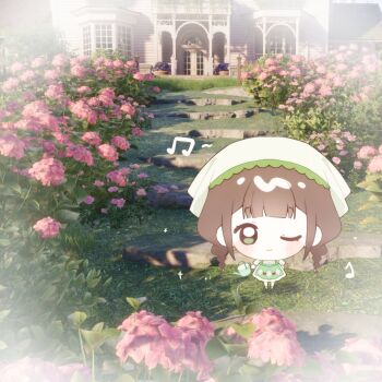 1girl apron baonu_de_zhanshen_caibutou blunt_bangs braid brown_hair chibi chinese_commentary closed_mouth cobblestone commentary_request country_lolita day diamond_print dress eyelashes flower game_screenshot_inset green_apron green_eyes green_shoes happy headscarf hill holding holding_watering_can house infinity_nikki lace-trimmed_headwear lace_trim light_blush lolita_fashion long_hair low_twin_braids medium_dress musical_note nikki_(series) one_eye_closed outdoors path pink_flower plant potted_plant print_apron puffy_short_sleeves puffy_sleeves purple_flower road shadow shoes short_sleeves smile socks solo sparkle spoken_musical_note spring_blossom_(infinity_nikki) standing twin_braids very_long_hair vignetting watering_can white_dress white_headscarf white_socks