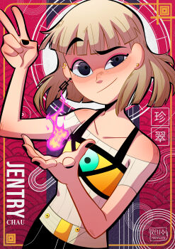 1girl abstract_background absurdres black_eyes blonde_hair breasts character_name ear_piercing earrings fire highres jentry_chau jentry_chau_vs_the_underworld jewelry looking_at_viewer off-shoulder_shirt off_shoulder pants piercing pyrokinesis raised_eyebrow reiimorningstar shirt short_hair signature small_breasts smile solo uneven_eyes upper_body v