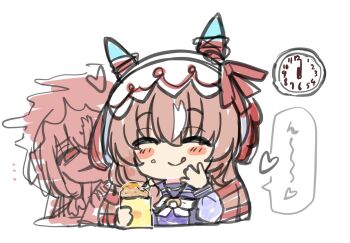 1girl :q ^_^ animal_ears bow brown_hair clock closed_eyes closed_mouth commentary_request cropped_torso ear_bow food hair_between_eyes highres holding holding_food horse_ears kawamochi_(kawauti919) long_hair long_sleeves multicolored_hair multiple_views puffy_long_sleeves puffy_sleeves purple_shirt red_bow red_eyes school_uniform shirt simple_background sketch smile still_in_love_(umamusume) streaked_hair tongue tongue_out tracen_school_uniform translation_request umamusume upper_body veil very_long_hair wall_clock white_background white_bow white_hair