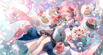 1boy 6+girls absurdres aemeath_(wuthering_waves) ahoge air_bubble arm_up black_skirt blue_eyes breasts bubble cake closed_mouth denia_(wuthering_waves) detached_sleeves dress dual_persona female_rover_(wuthering_waves) food fork gloves hair_ornament highres hiyuki_(wuthering_waves) holding holding_fork long_hair looking_at_viewer lying male_rover_(wuthering_waves) mini_person miniboy minigirl mornye_(wuthering_waves) multiple_girls on_back pink_hair red_gloves rover_(wuthering_waves) ruoganzhao sigrika_(wuthering_waves) skirt small_breasts smile solo_focus white_dress wuthering_waves