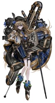 Rule 34 | absurdres, bags under eyes, belt, black cat, blonde hair, blue cape, boots, bugle, cane, cape, cat, closed mouth, commentary, dagger, feather hair ornament, feathers, film reel, flower, flute, gloves, gun, hair flower, hair ornament, handgun, headset, highres, holding, holding newspaper, holster, instrument, jacket, knife, leather, leather belt, leather coat, leather jacket, leather skirt, legs, looking to the side, mandarin collar, medal, megaphone, military uniform, newspaper, original, plaid cape, plaid clothes, popped collar, purple eyes, recorder, riding boots, senakira, simple background, skinny, skirt, sword, tachi-e, thigh holster, trombone, waist cape, weapon, white background, white gloves