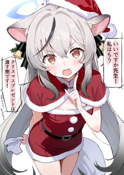 1girl absurdres animal_ears bell black_hair blue_archive blue_halo blush brown_eyes capelet commentary_request dress fur-trimmed_capelet fur-trimmed_dress fur-trimmed_headwear fur_trim gradient_hair grey_hair hair_bell hair_ornament halo hat highres kokona_(blue_archive) leaning_forward long_hair looking_at_viewer making-of_available multicolored_hair open_mouth red_capelet red_dress red_hat santa_costume santa_dress santa_hat short_dress simple_background solo speech_bubble strapless strapless_dress streaked_hair tiger_ears tiger_girl translation_request twintails very_long_hair white_background yucblossom