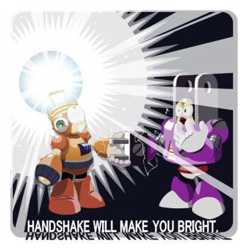 2boys bright_man commentary_request english_text gloves glowing handshake light light_bulb male_focus mega_man_(classic) mega_man_(series) mega_man_4 mega_man_9 multiple_boys napo plug plug_man white_gloves