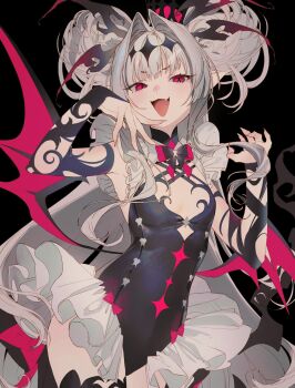 1girl a armpits artist_request black_background detached_sleeves fang fingernails flat_chest grey_hair hair_ornament krua long_hair looking_down open_mouth pink_eyes sharp_fingernails skrt smile virtual_youtuber