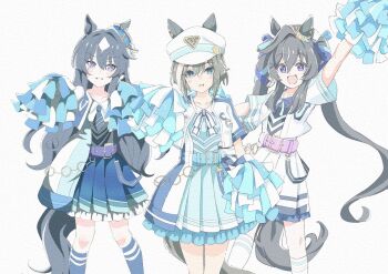 3girls animal_ears belt beret black_shirt blue_belt blue_eyes blue_hair blue_necktie blue_ribbon blue_shirt blue_skirt blue_socks blush breasts brown_hair cheerleader cheval_grand_(umamusume) collarbone collared_shirt ear_covers ears_through_headwear hair_between_eyes hakugitsu hat hat_belt highres holding holding_pom_poms horse_ears horse_girl horse_tail jacket kneehighs long_hair looking_at_viewer mole mole_under_eye multicolored_hair multiple_girls necktie open_mouth parted_lips peaked_cap pink_belt pleated_skirt pom_pom_(cheerleading) pom_poms purple_belt purple_eyes ribbon shirt shoes siblings simple_background single_ear_cover sisters skirt smile socks solo streaked_hair tail twintails umamusume v_sisters verxina_(umamusume) vivlos_(umamusume) white_background white_hair white_hat white_jacket white_shirt white_skirt white_socks