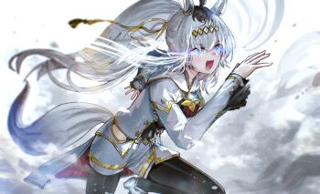 Rule 34 | 1girl, absurdres, advarcher, ahoge, animal ears, black leggings, black leotard, blue eyes, breasts, brooch, clothing cutout, ear ornament, eye trail, grey hair, grey tail, hair between eyes, hair ornament, hair ribbon, hairband, highres, hip vent, horse ears, horse girl, horse tail, jacket, jewelry, leggings, leotard, light trail, long hair, long sleeves, multicolored hair, oguri cap (umamusume), open mouth, ponytail, ribbon, running, sailor collar, shorts, smile, solo, star brooch, tail, umamusume, umamusume: cinderella gray, white jacket, white sailor collar, white shorts