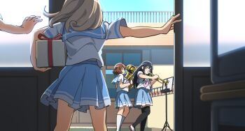 4girls back birthday black_thighhighs blue_sailor_collar blue_skirt blue_sky box doorway euphonium feet_out_of_frame from_behind from_inside fuyuhino gift gift_box hibike!_euphonium highres holding holding_box holding_gift instrument interrupted kitauji_high_school_uniform kousaka_reina looking_at_another multiple_girls music music_stand nakagawa_natsuki neckerchief oumae_kumiko outdoors pink_neckerchief playing_instrument pleated_skirt sailor_collar school_uniform shirt short_sleeves skirt sky sliding_doors socks thighhighs v-shaped_eyebrows white_shirt white_socks yoshikawa_yuuko zettai_ryouiki