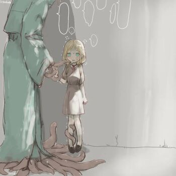 1girl black_shoes blank_speech_bubble blonde_hair blush coat dress empty_eyes flying_sweatdrops green_eyes grey_dress imminent_rape interspecies loli long_coat low_twintails monster nervous nervous_sweating original restrained shoes signature speech_bubble suigin_(tetsukuzu) sweat tentacles trembling twintails webp-to-png_conversion