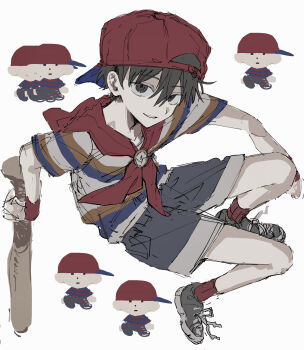 Rule 34 | 1boy, absurdres, backwards hat, baseball bat, baseball cap, black eyes, black hair, chibi, chibi inset, commentary request, full body, grey shoes, grey shorts, hat, highres, holding, holding baseball bat, looking at viewer, male focus, mother (series), mother 1, neckerchief, ninten, nintendo, parted lips, red hat, red neckerchief, red socks, shirt, shoes, shorts, smirk, socks, solo, striped clothes, striped shirt, wa noko
