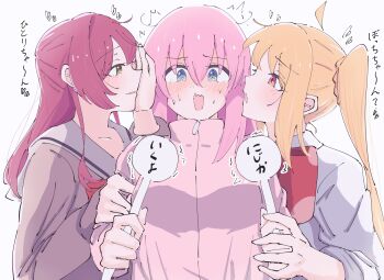 3girls @_@ ahoge blonde_hair blue_eyes blush bocchi_the_rock! bow bowtie brown_shirt commentary_request dokusai_0207 girl_sandwich gotoh_hitori green_eyes highres holding_hands ijichi_nijika jacket kita_ikuyo long_hair multiple_girls open_mouth parted_lips pink_hair pink_jacket red_bow red_bowtie red_eyes red_hair sailor_collar sandwiched school_uniform shimokitazawa_high_school_uniform shirt shuka_high_school_uniform side_ponytail simple_background smile sweat track_jacket trembling whispering_in_ear white_background white_sailor_collar white_shirt yuri