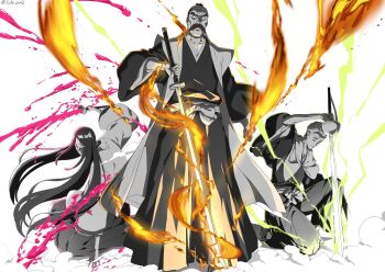1girl 2boys aged_down bleach bleach:_sennen_kessen-hen blood cheekbones chromatic_aberration commentary_request cross_scar dust_cloud expressionless facial_hair fire greyscale hakama haori highres holding holding_sword holding_weapon japanese_clothes kneeling koukou_gonryou_rikyuu_(bankai) lido_an0 lips long_hair mature_male minazuki_(bankai) monochrome multiple_boys mustache on_one_knee parted_lips planted planted_sword planted_weapon ryuujin_jakka_(shikai) sandals sasakibe_choujirou scar scar_on_face scar_on_forehead serious shihakusho socks spot_color sword taichou_haori unohana_retsu very_long_hair weapon wide_sleeves yamamoto-genryuusai_shigekuni zanpakutou