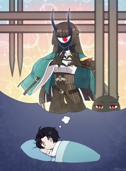 1boy 1girl ahoge animal_ear_fluff animal_ears artist_name black_hair black_necktie black_skin blunt_bangs bright_pupils closed_mouth colored_skin comically_large_ears commentary cyclops demon_girl disembodied_head dreaming english_commentary floating_head fox_ears green_jacket head_on_pillow highres hoshimi_miyabi jacket klaivre_p long_hair looking_at_viewer lying necktie nightmare no_pupils on_stomach one-eyed parted_bangs pillow red_eyes shirt short_hair sleeves_rolled_up species_switch tailless_(zenless_zone_zero) under_covers white_pupils white_shirt yellow_eyes zenless_zone_zero