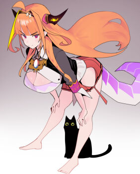 1girl ahoge bare_legs barefoot black_cat blonde_hair blunt_bangs breasts brooch cat cleavage cleavage_cutout clothing_cutout dismassd dragon_girl dragon_tail full_body gradient_background grey_background hairband hands_on_own_knees highres hip_vent hololive horns jewelry kiryu_coco kiryu_coco_(1st_costume) large_breasts leaning_forward light_blush long_hair long_sleeves looking_at_viewer multicolored_hair orange_hair pleated_skirt pointy_ears purple_eyes red_skirt simple_background single_hair_streak skirt smile solo standing tail two-tone_hair v-shaped_eyebrows very_long_hair virtual_youtuber