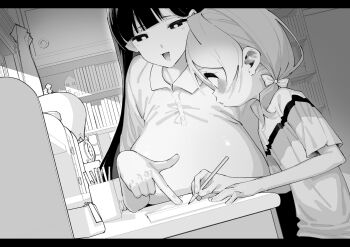 2girls age_difference analog_clock bedroom black_hair bookshelf bow breast_rest breasts child clock flat_chest greyscale hair_bow highres homework huge_breasts indoors low_twintails monochrome multiple_girls original pencil shiratama_mochi shirt t-shirt tutor twintails writing