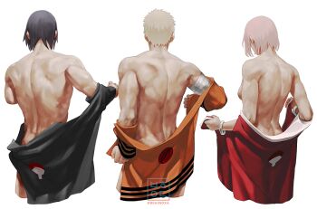 1girl 2boys amputee arm_at_side back back_focus back_muscles backboob bandaged_arm bandages bare_shoulders behindxa black_hair black_shirt black_trim blonde_hair boruto:_naruto_next_generations bracelet breasts clothes_grab cowboy_shot duplicate english_text facing_away from_behind gripping_clothes hand_up hands_up haruno_sakura highres jewelry korean_text median_furrow medium_breasts multiple_boys muscular muscular_female muscular_male nape naruto_(series) ninja nude orange_shirt pink_hair red_shirt shirt short_hair signature simple_background team_7_(naruto) twitter_username uchiha_sasuke uchiha_symbol undressing uzumaki_naruto uzumaki_symbol white_background