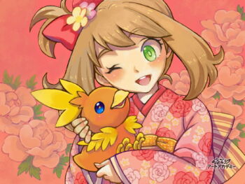 Rule 34 | 1girl, ;d, animal, art academy (medium), bird, bow, bow flower, brown hair, commentary request, floral print, floral print kimono, flower, gen 3 pokemon, green eyes, hair bow, holding, holding animal, holding bird, holding pokemon, japanese clothes, kimono, long sleeves, may (pokemon), medium hair, nintendo, one eye closed, one side up, open mouth, pink flower, pink kimono, pokemon, pokemon (creature), pokemon oras, print kimono, red bow, saikachi (ogre tree), smile, teeth, torchic, upper teeth only, wide sleeves, yellow flower