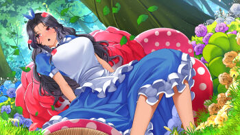 Rule 34 | 1girl, absurdres, alice's adventures in wonderland, alice (alice in wonderland), alice (alice in wonderland) (cosplay), alternate costume, apron, black bow, black bowtie, black hair, blue dress, blue flower, blue ribbon, blue rose, bow, bowtie, breasts, cosplay, dress, falling leaves, falling petals, flower, forest, frilled apron, frilled dress, frills, grass, hair ribbon, highres, landacdeus, large breasts, leaf, mole, mole under eye, multiple moles, mushroom, nature, nijisanji, nijisanji en, open mouth, orange flower, orange rose, petals, puffy short sleeves, puffy sleeves, purple flower, purple rose, red eyes, red flower, red petals, red rose, ribbon, rose, scarle yonaguni, second-party source, short sleeves, solo, tan, tree, virtual youtuber