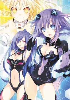 10s 3girls :d arm_behind_head blonde_hair blue_eyes blush braid breasts cleavage cleavage_cutout clothing_cutout collar earrings female_focus hair_ornament hexagon highres iris_heart_(neptunia) jewelry kami_jigen_game_neptune_v large_breasts leotard looking_at_viewer multiple_girls navel neptune_(neptunia) neptune_(series) official_art open_mouth orange_eyes pink_eyes pish power_symbol power_symbol-shaped_pupils purple_hair purple_heart_(neptunia) pururut red_eyes single_braid smile symbol-shaped_pupils tsunako yellow_heart_(neptunia)