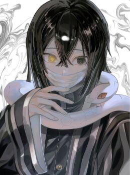 1017gomo9 1boy black_jacket blue_eyes covered_mouth demon_slayer_uniform fingernails gold_buttons hair_between_eyes hand_up haori heterochromia high_collar highres iguro_obanai jacket japanese_clothes kimetsu_no_yaiba male_focus medium_hair snake solo striped_haori upper_body white_background yellow_eyes