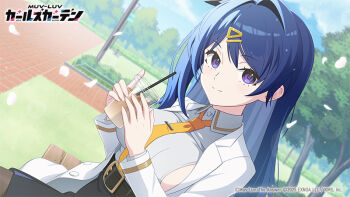 1girl 2025 black_skirt blue_hair brown_pantyhose closed_mouth commentary_request copyright_logo copyright_name copyright_notice cup drinking_straw grey_shirt hair_ornament hairclip holding holding_cup jacket logo long_hair looking_at_viewer muv-luv muv-luv_girls_garden necktie noro_assumed official_art on_bench open_clothes open_jacket outdoors pantyhose purple_eyes shirt sitting skirt solo tsukigase_chiyuru white_jacket white_petals yellow_necktie