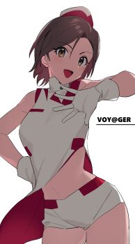 1girl absurdres bare_shoulders blush breasts brown_eyes brown_hair cinderella_girls_gekijou gloves hand_on_own_hip highres idolmaster idolmaster_cinderella_girls large_breasts looking_at_viewer midriff mizuki_seira navel onao open_hand open_mouth shirt short_hair short_shorts shorts side_slit simple_background sleeveless sleeveless_shirt smile socks solo voy@ger_(idolmaster) white_background white_gloves white_shirt white_socks
