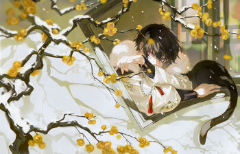 1boy black_cat black_hair branch cat chinese_clothes flower fur_trim hair_between_eyes highres long_sleeves looking_at_viewer lying male_focus original outdoors red_eyes short_hair solo tassel xiaojiaju yellow_flower