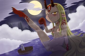 1girl arm_support blonde_hair blush body_markings claws cleft_of_venus clitoris closed_mouth collarbone colored_skin completely_nude eyelashes facial_mark fate/grand_order fate_(series) female_focus flat_chest foot_out_of_frame half-closed_eyes hand_up horns ibaraki_douji_(fate) leg_up loli long_hair looking_at_viewer looking_to_the_side matching_hair/eyes moon multicolored_skin naughty_face night nipples nude oni onsen outdoors poethewondercat pointy_ears pussy red_skin slit_pupils smile solo two-tone_skin uncensored variant_set very_long_hair water yellow_eyes