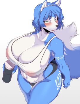 1girl absurdres animal_ears ass blue_fur blue_hair breasts cervina cleavage fox_ears fox_girl fox_tail furry furry_female green_eyes gym_uniform highres huge_breasts krystal narrowed_eyes nintendo plump see-through_clothes short_hair smile solo star_fox star_fox_adventures tail thick_thighs thighs tiara tongue white_fur wide_hips