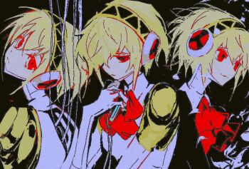 1girl aigis_(persona) ascot black_background blonde_hair closed_mouth commentary_request gekkoukan_high_school_uniform hair_over_one_eye hairband highres holding holding_mp3_player korean_commentary l8l828 looking_at_viewer looking_down looking_to_the_side mechanical_arms mp3_player multiple_views neck persona persona_3 red_ascot red_eyes robot_ears robot_girl school_uniform short_hair sidelocks wire