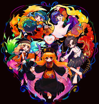 +_+ 5girls @_@ absurdres amadare_rak apron arm_ribbon asymmetrical_wings barefoot belt between_fingers black_background black_belt black_boots black_dress black_hair black_hat black_sandals black_skirt blonde_hair blue_dress blue_hair blush_stickers boots bow brown_mask buttons chinese_clothes cloak closed_mouth colored_inner_hair commentary_request constellation_print crescent crescent_print dalachi_(headdress) detached_sleeves diamond_button dress empty_eyes energy eye_mask fire flower flying full_body green_apron green_belt green_bow green_dress green_hairband green_headscarf green_skirt hair_between_eyes hairband half_eye_mask hands_up haniyasushin_keiki hat headscarf heart highres holding holding_tool index_finger_raised iwanaga_ariya jewelry junko_(touhou) leaf leg_ribbon long_hair long_sleeves looking_at_viewer magatama magatama_necklace mandarin_collar mask matara_okina multicolored_dress multicolored_hair multicolored_hairband multiple_girls neck_ribbon necklace open_mouth orange_dress orange_hair orange_hairband orange_sleeves orange_tabard patchwork_clothes phoenix_print pink_dress pink_flower pink_hair pink_hairband pocket pom_pom_(clothes) puffy_long_sleeves puffy_short_sleeves puffy_sleeves purple_dress purple_eyes purple_hair purple_hairband rainbow_order red_dress red_eyes red_hairband red_tabard ribbon sandals shirt short_hair short_sleeves simple_background skeletal_wings skirt smile sparkle stage_connection standing standing_on_one_leg star_(symbol) tabard tassel tenkyuu_chimata touhou turtleneck turtleneck_dress wavy_hair white_cloak white_shirt wide_sleeves wings wood_carving_tool yellow_dress yellow_eyes yellow_hairband yellow_ribbon