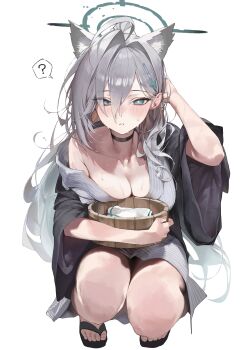 1girl ? absurdres ahoge animal_ear_fluff animal_ears black_choker blue_archive blue_eyes blue_halo blush breasts bucket choker cleavage collarbone commentary_request cross_hair_ornament grey_hair grey_kimono hair_between_eyes hair_ornament halo highres holding holding_bucket japanese_clothes kimono large_breasts long_hair looking_at_viewer mismatched_pupils pepq shiroko_terror_(blue_archive) simple_background solo spoken_question_mark squatting sweat tabi toes towel wet white_background yukata
