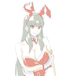 Rule 34 | 1girl, animal ears, black hair, breasts, cleavage, dagger, detached collar, earrings, fake animal ears, hairband, highres, holding, jewelry, knife, large breasts, leotard, long hair, mitsugu, playboy bunny, rabbit ears, red eyes, sidelocks, solo, spy x family, stiletto (weapon), strapless, strapless leotard, upper body, weapon, wrist cuffs, yor briar