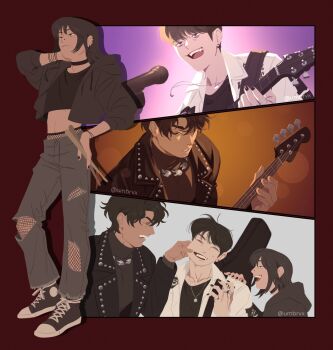 alternate_universe black_hair black_jacket black_nails bracelet cheek_pinching coat fishnet_panties full_body grin guitar han_sooyoung hand_on_own_hip highres hood hood_down instrument jacket jewelry kim_dokja laughing microphone_stand music necklace omniscient_reader&#039;s_viewpoint panties pants pinching playing_guitar playing_instrument shoes short_hair smile sneakers strapless studded_jacket torn_clothes torn_pants tube_top umbrvx underwear white_coat yoo_joonghyuk