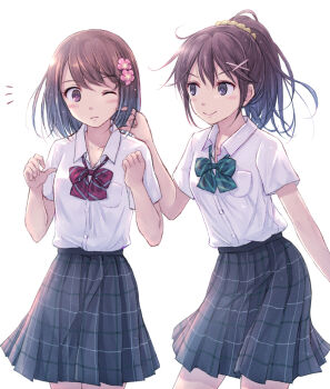 2girls blue_eyes blush bow bowtie brown_hair cheek_poking closed_mouth collared_shirt commentary_request cowboy_shot flower hair_flower hair_ornament long_hair looking_at_another looking_to_the_side medium_hair multicolored_neckwear multiple_girls one_eye_closed original plaid_clothes plaid_skirt poking ponytail purple_eyes school_uniform shirt short_sleeves simple_background skirt smile standing white_background x_hair_ornament yakka
