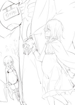 1boy 1girl ainz_ooal_gown blush bone bra breasts dress evileye_(overlord) happy highres holding_hands loli miao_yao_cha overlord_(maruyama) pregnant robe short_hair skeleton sketch skull small_breasts smile speech_bubble thighhighs thought_bubble underwear