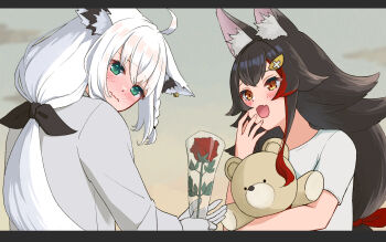 Rule 34 | 2girls, ahoge, alternate costume, animal ear fluff, animal ears, averting eyes, black hair, black ribbon, blush, braid, closed mouth, commentary request, ears down, fang, flower, fox ears, fox girl, giving flower, green eyes, hair ribbon, hand to own mouth, highres, holding, holding flower, holding stuffed toy, hololive, hololive grand theft auto, long hair, mia960, multicolored hair, multiple girls, ookami mio, open mouth, ponytail, red flower, red rose, ribbon, rose, shirakami fubuki, shirt, skin fang, streaked hair, stuffed animal, stuffed toy, teddy bear, upper body, virtual youtuber, wavy mouth, white shirt, yellow eyes, yuri