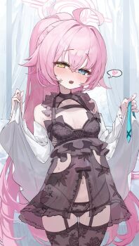 1girl ahoge alternate_costume aqua_necktie babydoll bare_shoulders black_garter_straps black_panties black_thighhighs blue_archive blue_eyes blush breasts commentary_request cowboy_shot curtains frills front_slit garter_straps hair_between_eyes halo heart heterochromia highres hoshino_(blue_archive) kabedoru lingerie loli long_hair looking_at_viewer navel necktie off_shoulder open_clothes open_mouth open_shirt panties pink_hair ponytail shirt small_breasts solo spoken_heart thigh_gap thighhighs underwear unworn_necktie very_long_hair white_shirt yellow_eyes yume_(blue_archive)