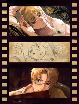 Rule 34 | 2boys, ahoge, america (hetalia), aqua gemstone, arms up, axis powers hetalia, blonde hair, blue eyes, closed mouth, commentary request, couch, draw me like one of your french girls (meme), drawing (object), en llll, floral print, gem, glasses, green eyes, grey-framed eyewear, highres, implied yaoi, jewelry, looking at another, lying, meme, multiple boys, necklace, on back, on couch, semi-rimless eyewear, shirt, short hair, smile, teeth, titanic (movie), united kingdom (hetalia), upper body, white shirt